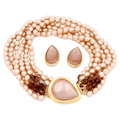 Yves Saint Laurent Multi Strand Pink Faux Pearl Necklace W Pierced Earrings