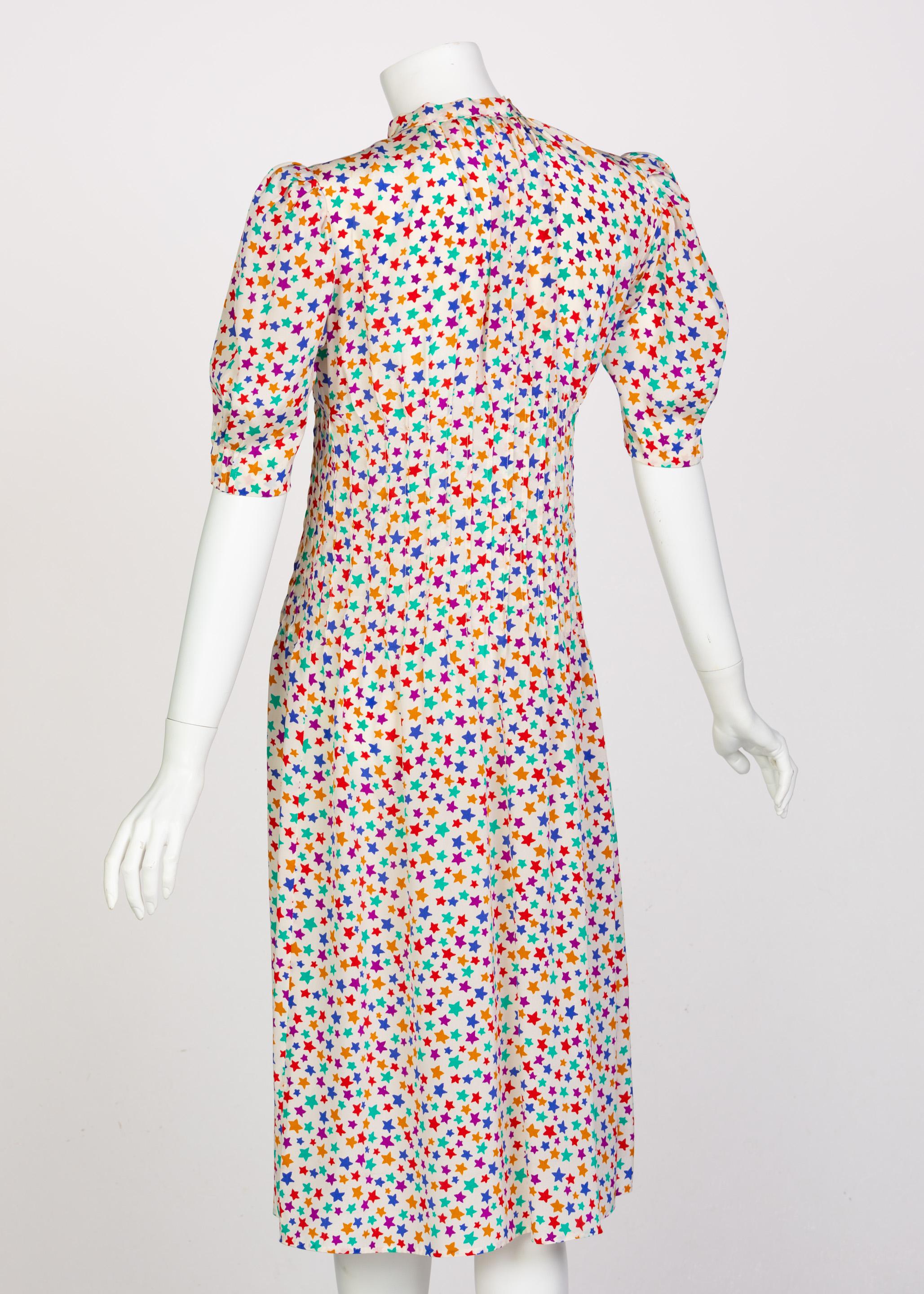Beige Yves Saint Laurent Multicolored Silk Stars Print Dress YSL, 1970s