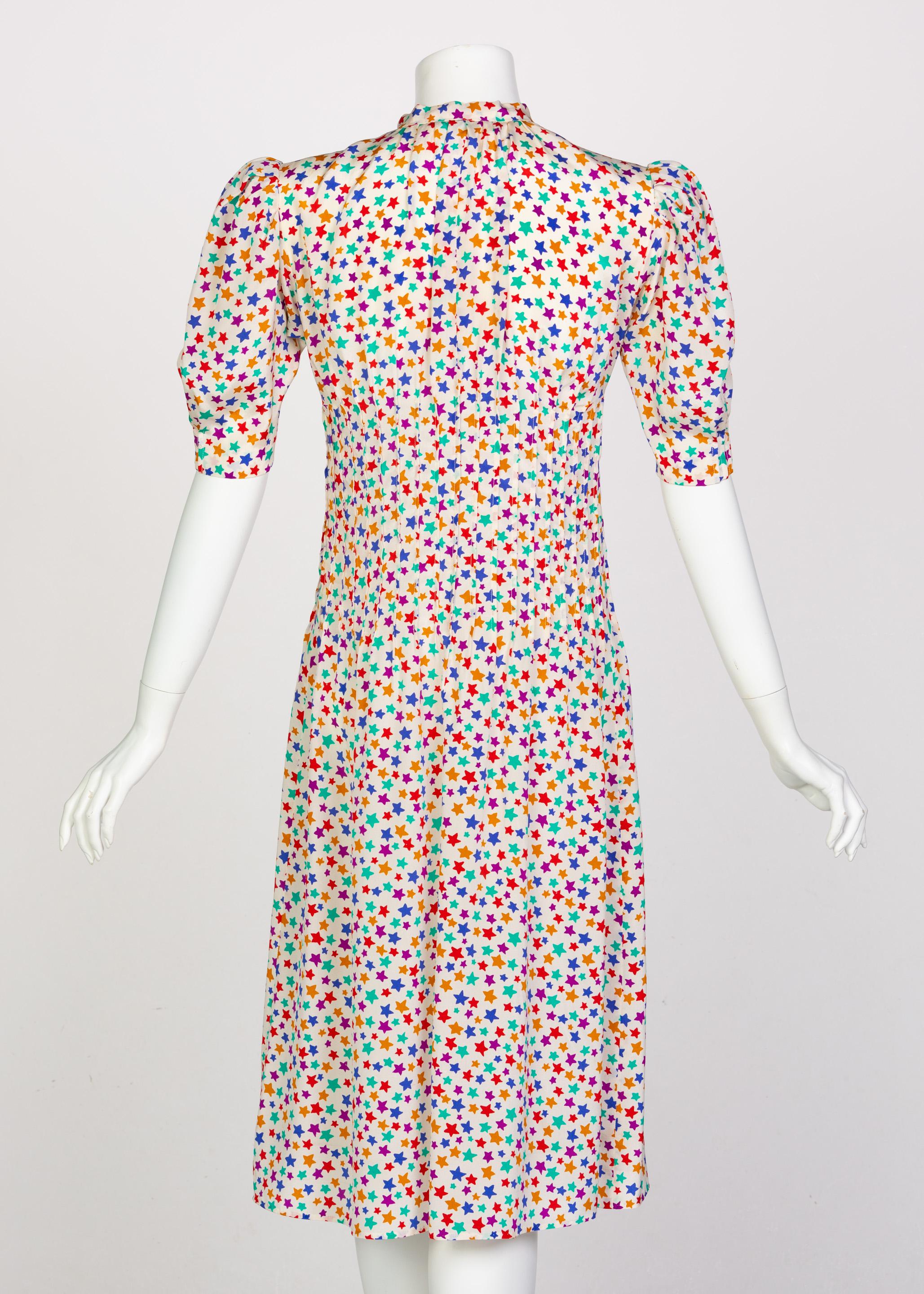 Yves Saint Laurent Multicolored Silk Stars Print Dress YSL, 1970s In Good Condition In Boca Raton, FL