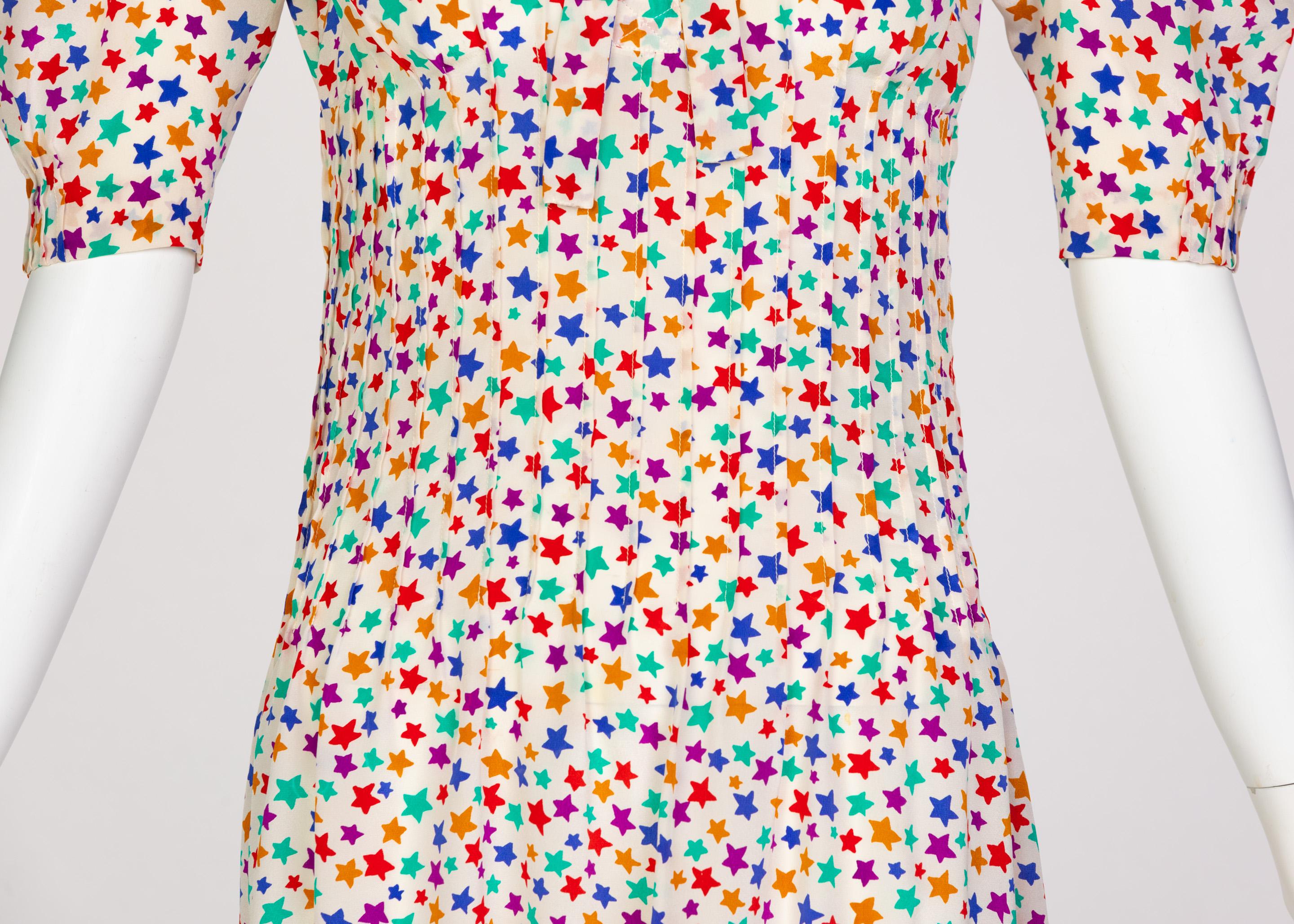 Yves Saint Laurent Multicolored Silk Stars Print Dress YSL, 1970s 1