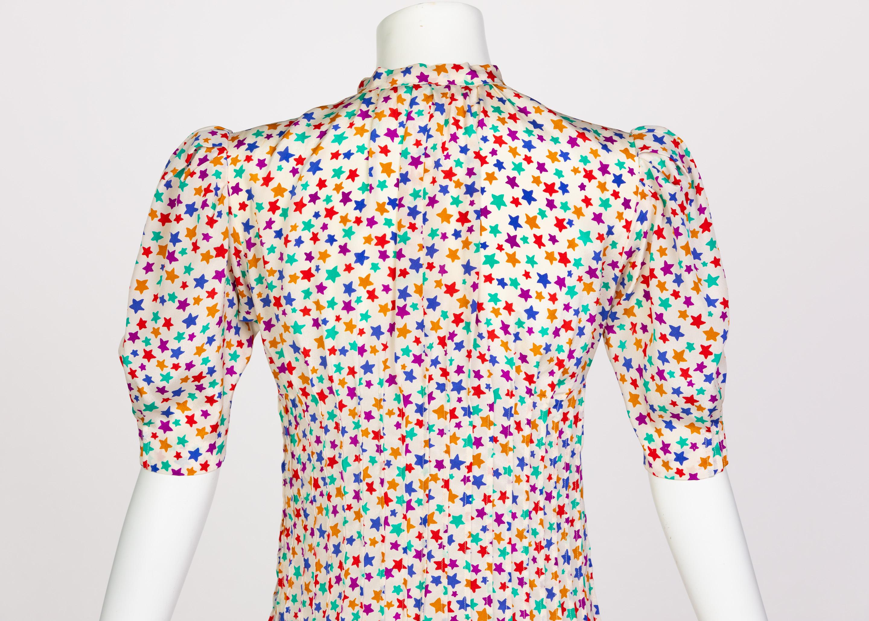 Yves Saint Laurent Multicolored Silk Stars Print Dress YSL, 1970s 2