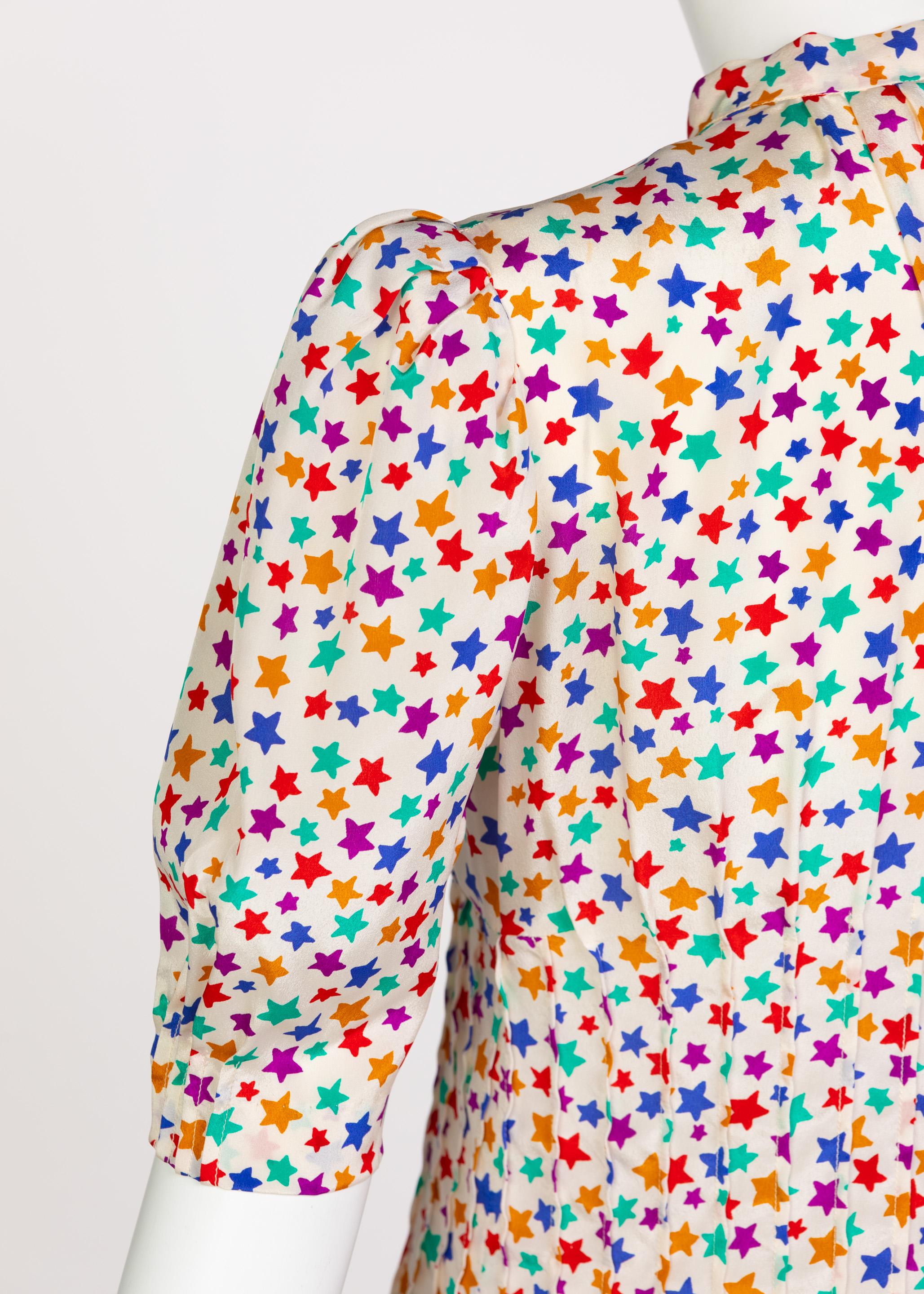 Yves Saint Laurent Multicolored Silk Stars Print Dress YSL, 1970s 3