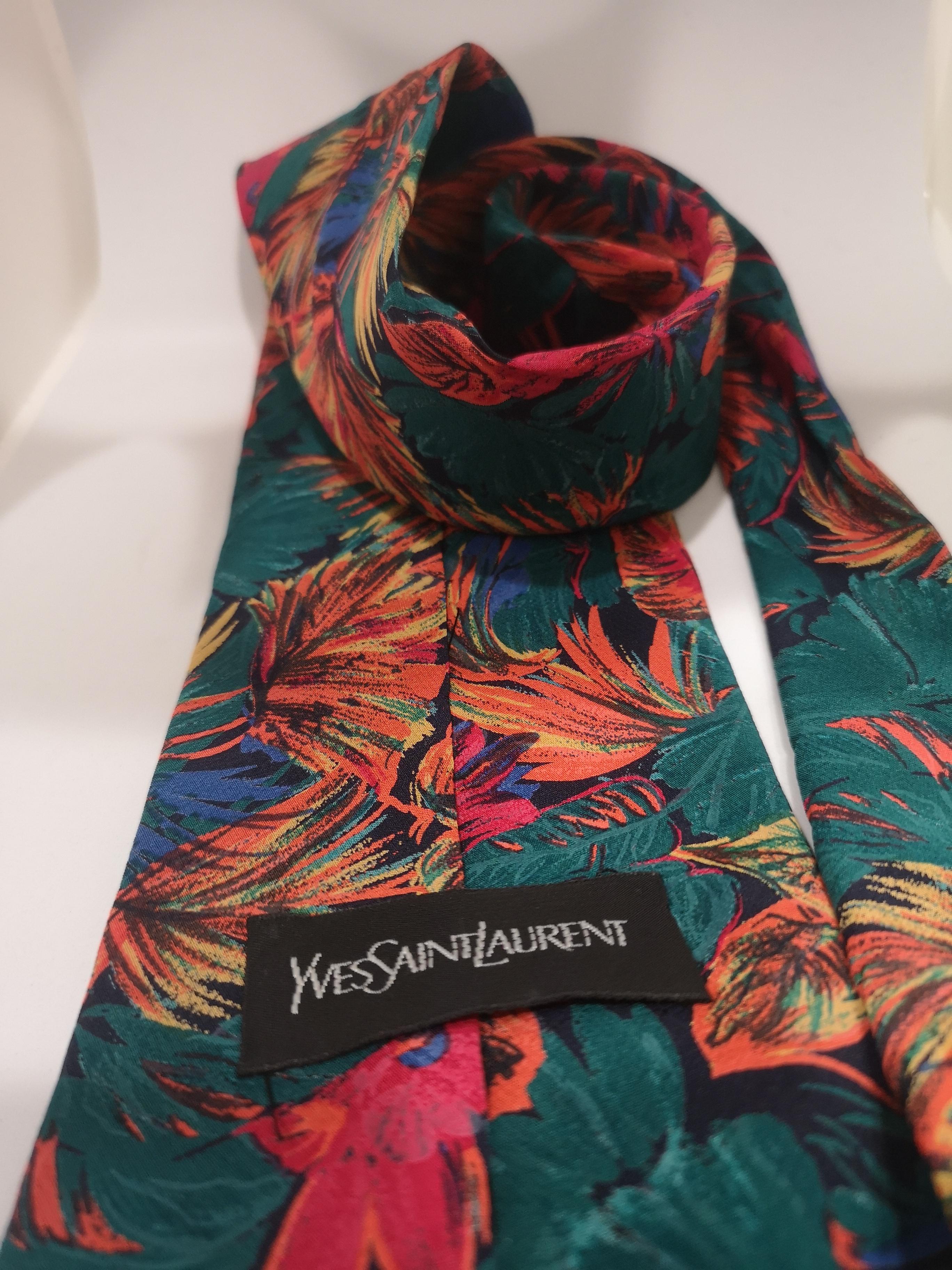 Brown Yves Saint Laurent multicoloured leaves silk tie For Sale