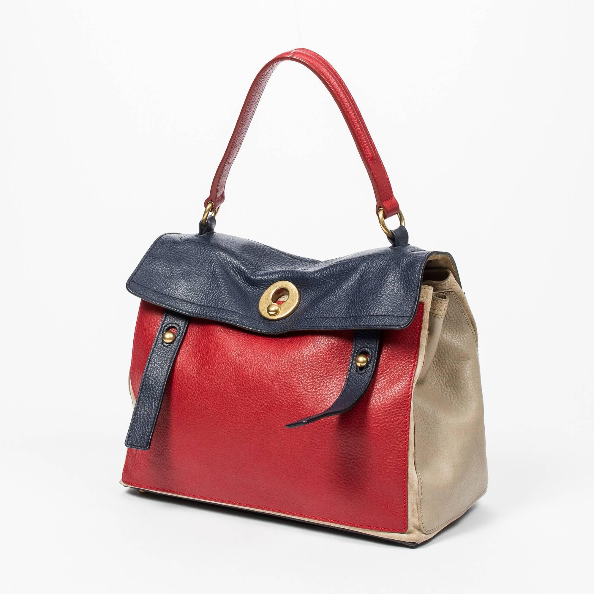 Yves Saint-Laurent Muse 2 Tricolor MM in blue, red and light grey suede and grained leather with brushed gold tone hardware. Canvas interior with 1 zip pocket and pen compartment. Good condition overall.