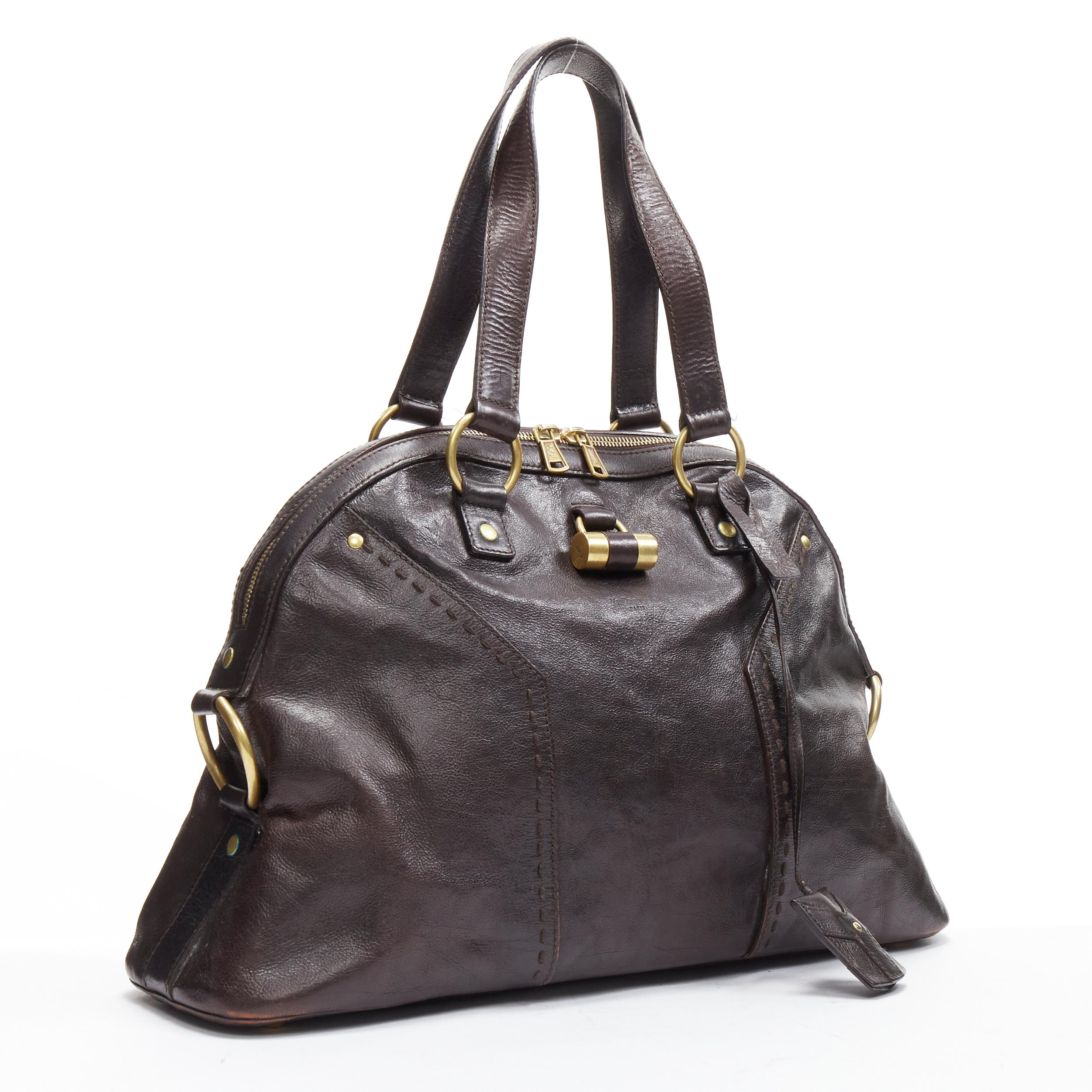 Women's YVES SAINT LAURENT Muse Kate Moss YSL logo black leather top handle satchel bag