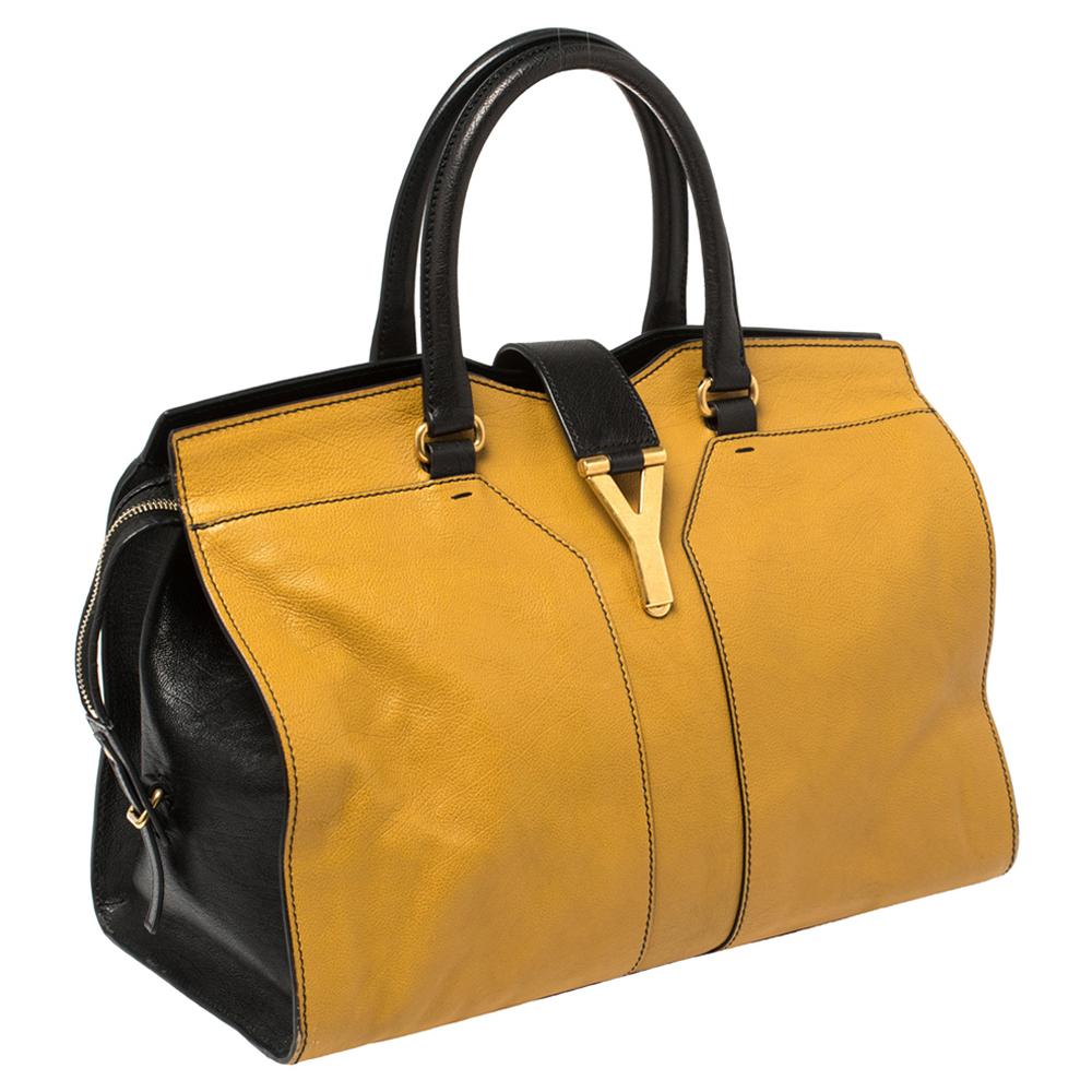 Yves Saint Laurent Mustard/Black Leather Medium Cabas Y-Ligne Tote In Good Condition In Dubai, Al Qouz 2