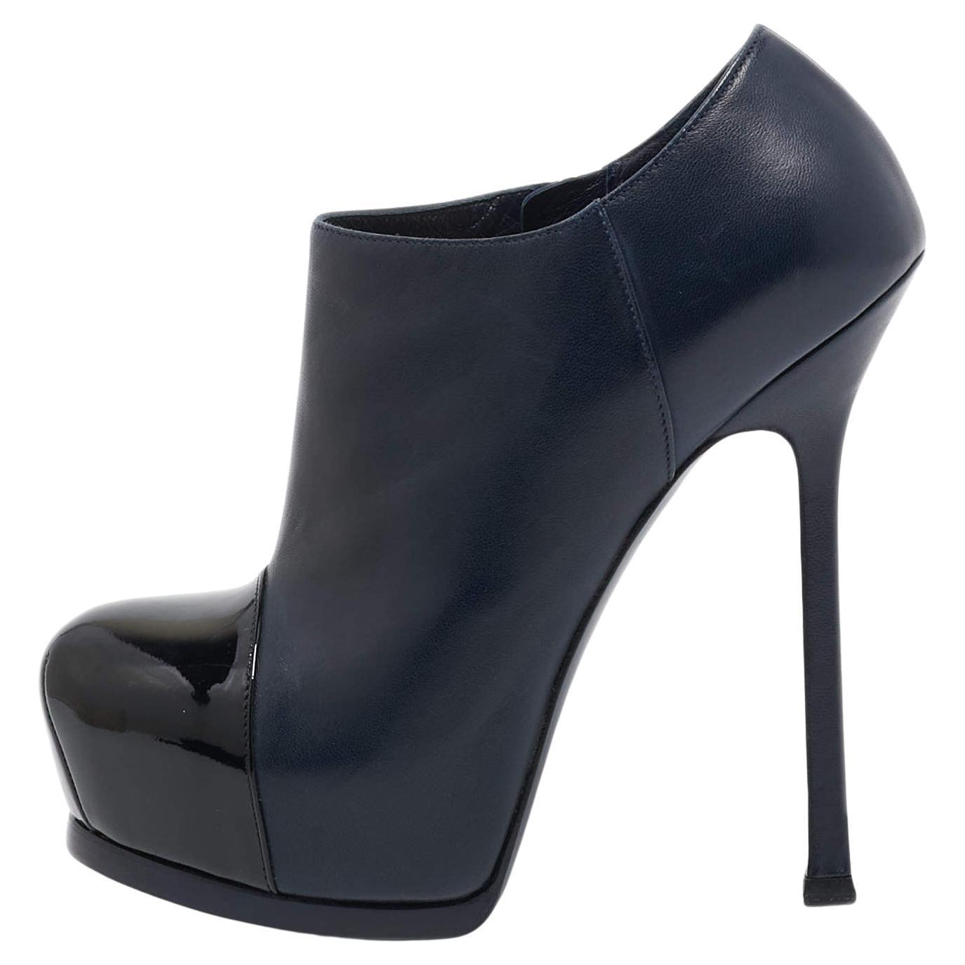 Yves Saint Laurent Navy Blue/Black Leather and Patent Leather Tribute Platform A For Sale