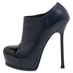 Yves Saint Laurent Navy Blue/Black Leather and Patent Leather Tribute Platform A