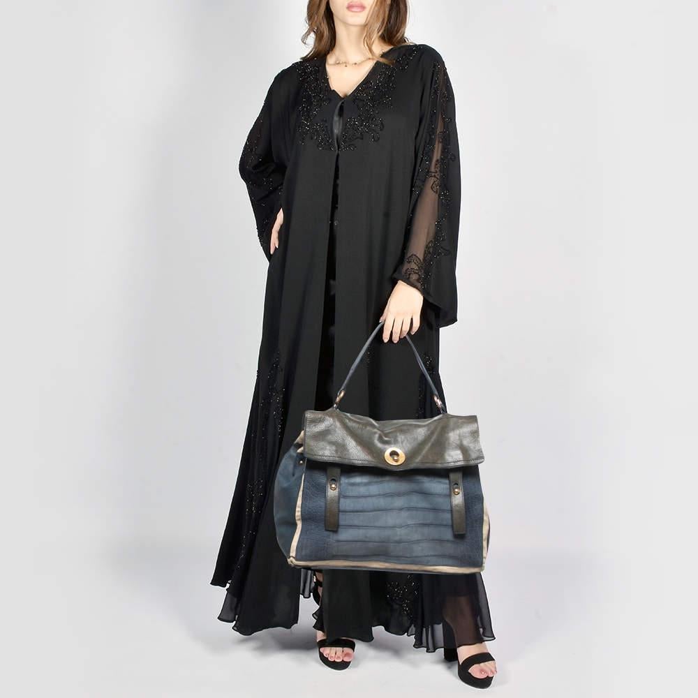 Gray Yves Saint Laurent Navy Blue/Green Croc Embossed Suede and Leather Muse Two Top