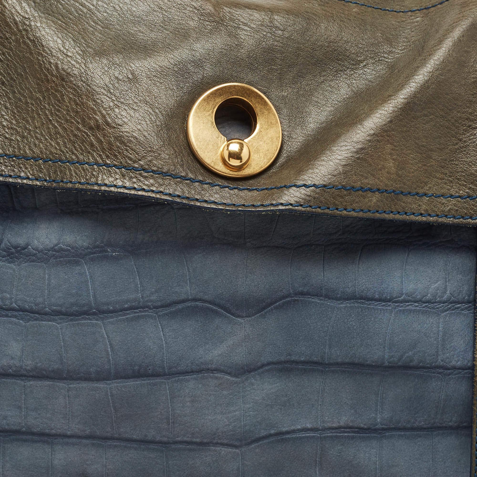 Yves Saint Laurent Navy Blue/Green Croc Embossed Suede and Leather Muse Two Top 1