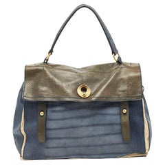 Yves Saint Laurent Haut Muse deux en daim et cuir gaufré croco bleu marine/vert