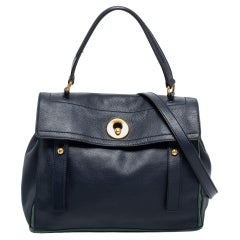 Yves Saint Laurent Navy Blue/Green Leather and Canvas Muse Two Top Handle Bag