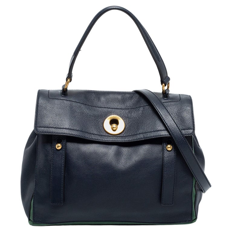 Yves Saint Laurent Navy Blue/Green Leather and Canvas Muse Two Top
