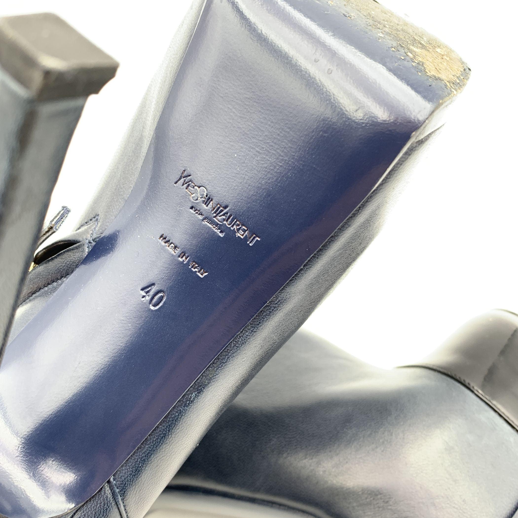 Women's Yves Saint Laurent Navy Blue Leather Cap Toe Tribtoo Ankle Boots 40
