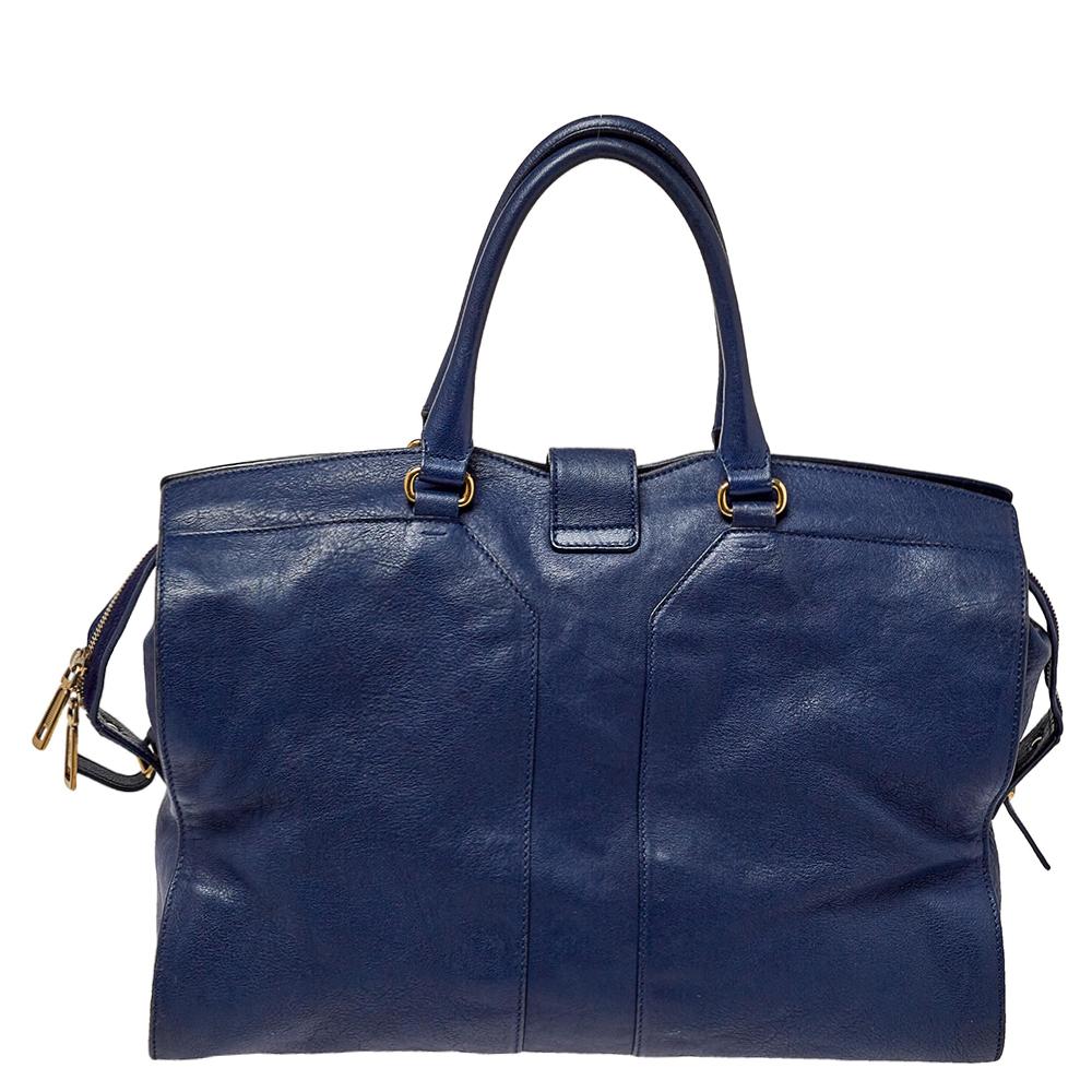 Yves Saint Laurent Navy Blue Leather Large Cabas Cabas Y-Ligne Tote In Good Condition In Dubai, Al Qouz 2