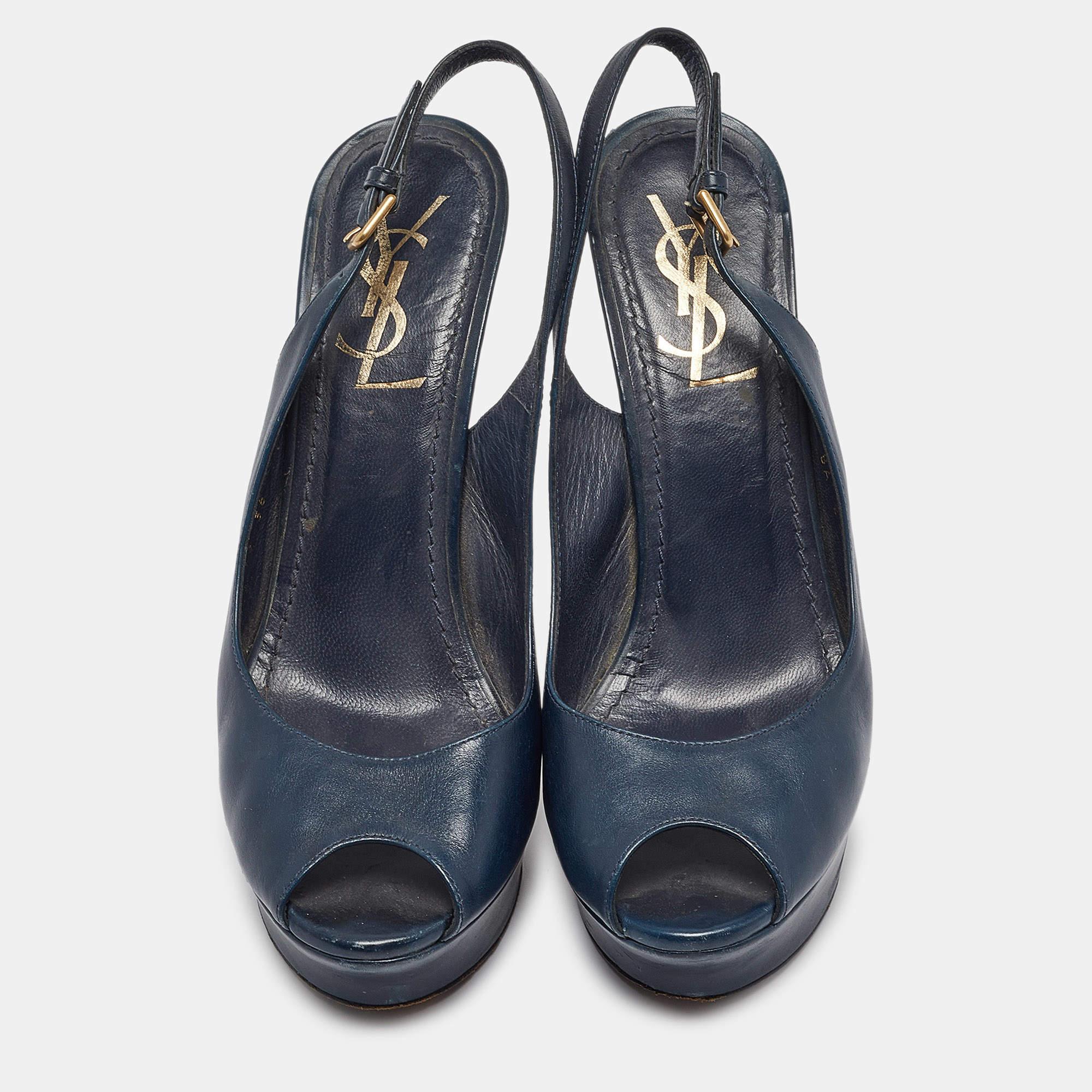 Black Yves Saint Laurent Navy Blue Leather Peep Toe Platform Slingback Pumps Size 36