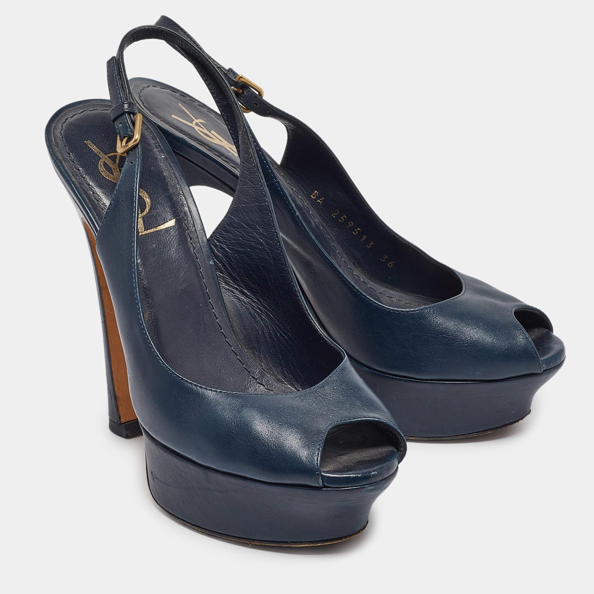 Yves Saint Laurent Navy Blue Leather Peep Toe Platform Slingback Pumps Size 36 In Fair Condition In Dubai, Al Qouz 2