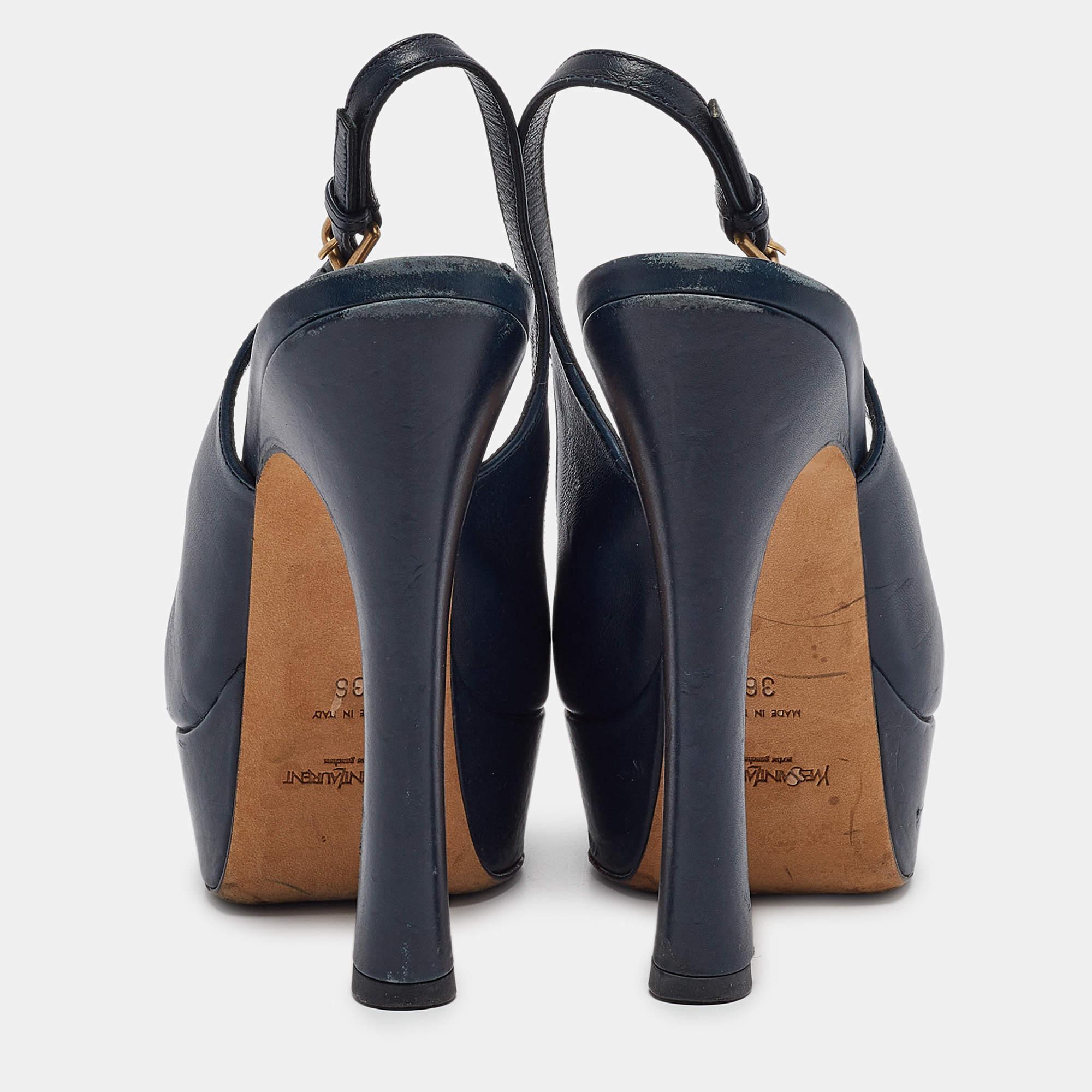 Women's Yves Saint Laurent Navy Blue Leather Peep Toe Platform Slingback Pumps Size 36
