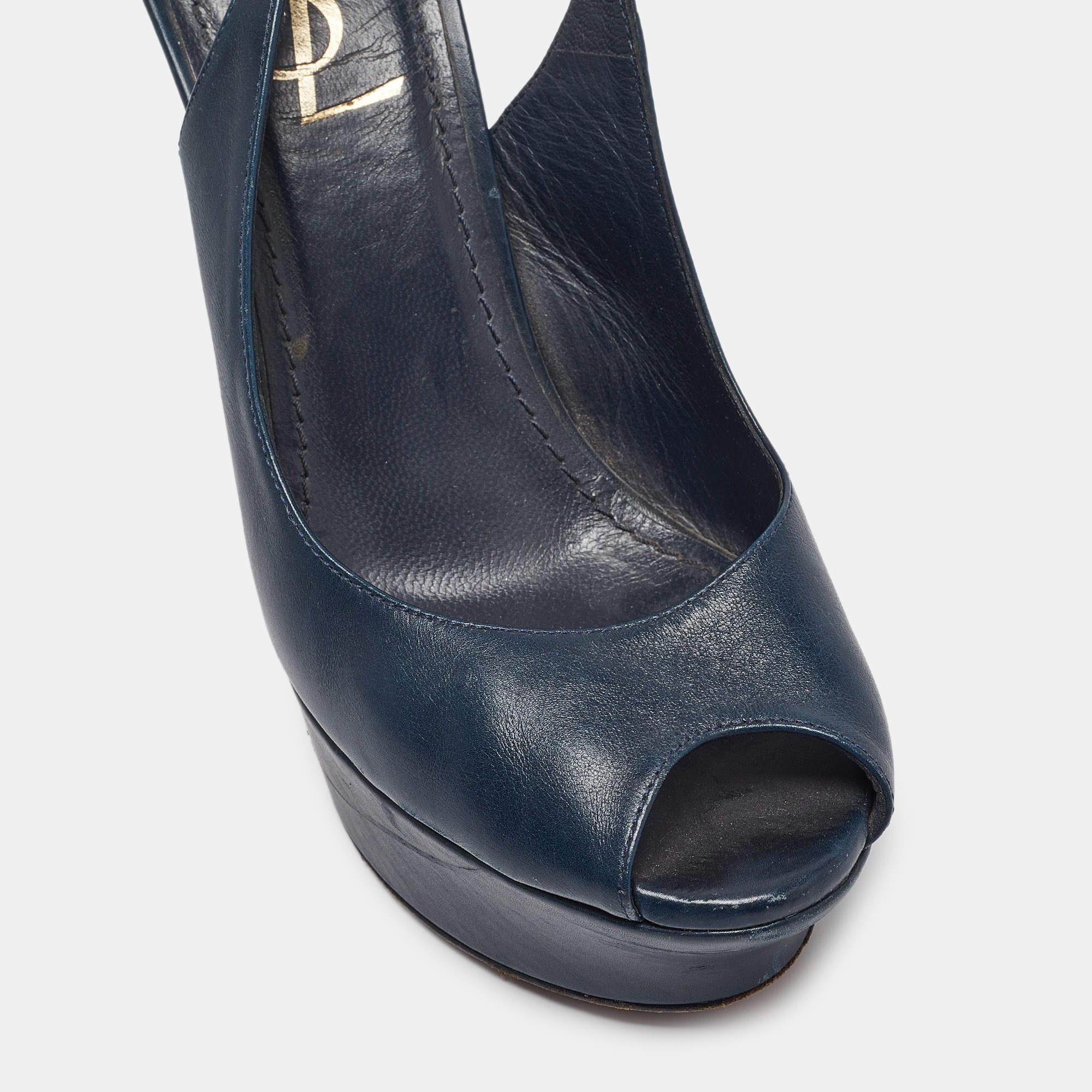 Yves Saint Laurent Navy Blue Leather Peep Toe Platform Slingback Pumps Size 36 2