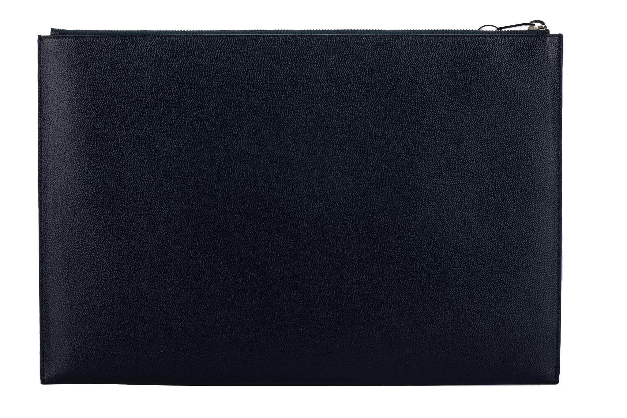 YSL navy blue pebbled leather oversize clutch. Pebbled leather and silver tone hardware. Original dust cover.