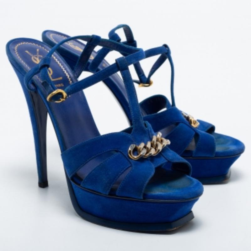 Women's Yves Saint Laurent Navy Blue Suede Chain Detail Platform Sandals Size 39.5 For Sale