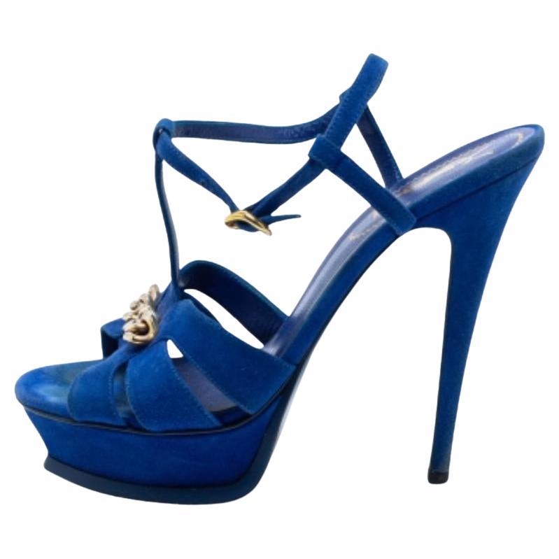 Yves Saint Laurent Navy Blue Suede Chain Detail Platform Sandals Size 39.5 For Sale