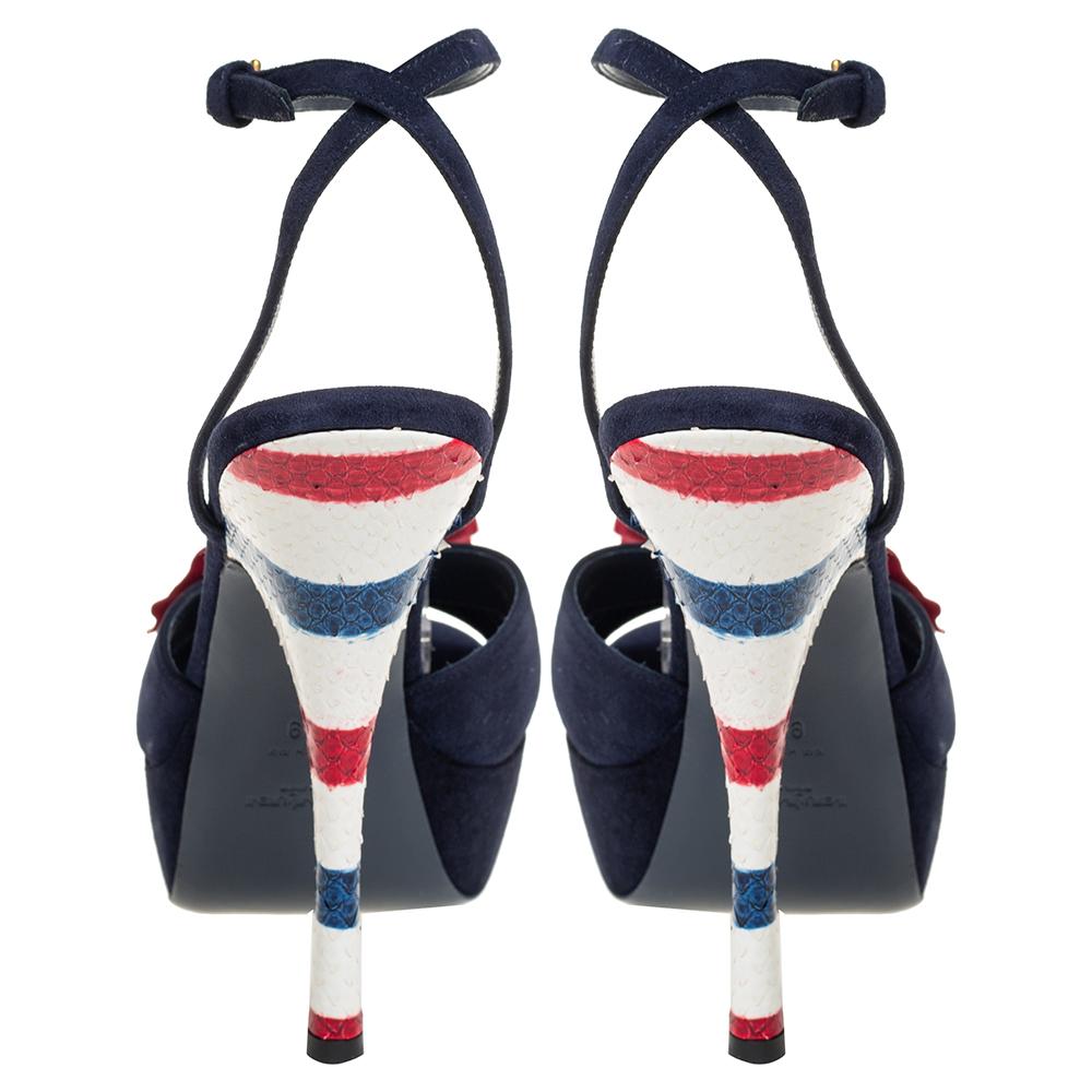 Yves Saint Laurent Navy Blue Suede Platform Ankle Strap Sandals Size 39 In Excellent Condition In Dubai, Al Qouz 2
