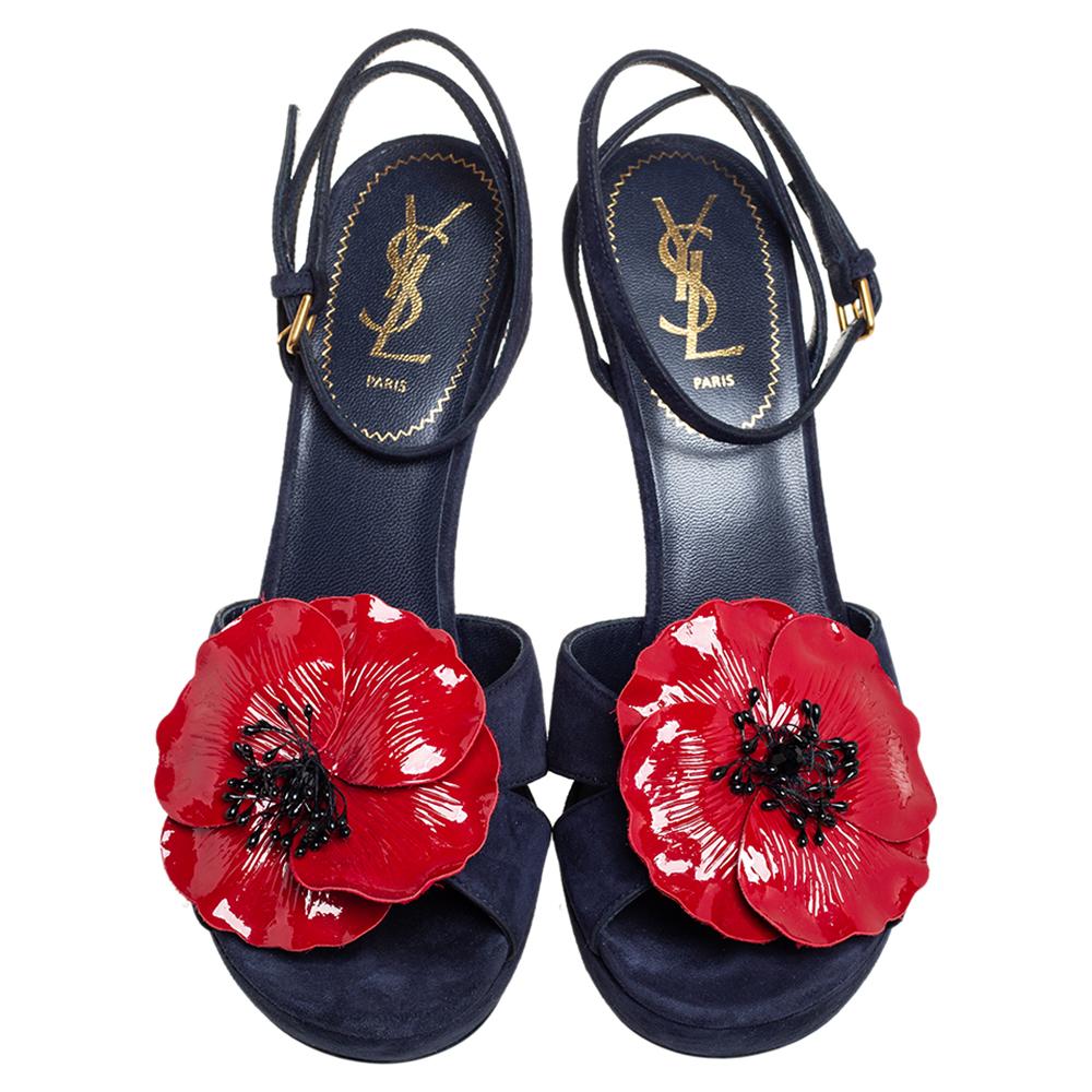 Women's Yves Saint Laurent Navy Blue Suede Platform Ankle Strap Sandals Size 39
