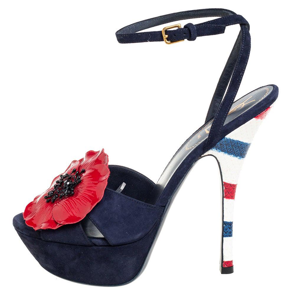 Yves Saint Laurent Navy Blue Suede Platform Ankle Strap Sandals Size 39