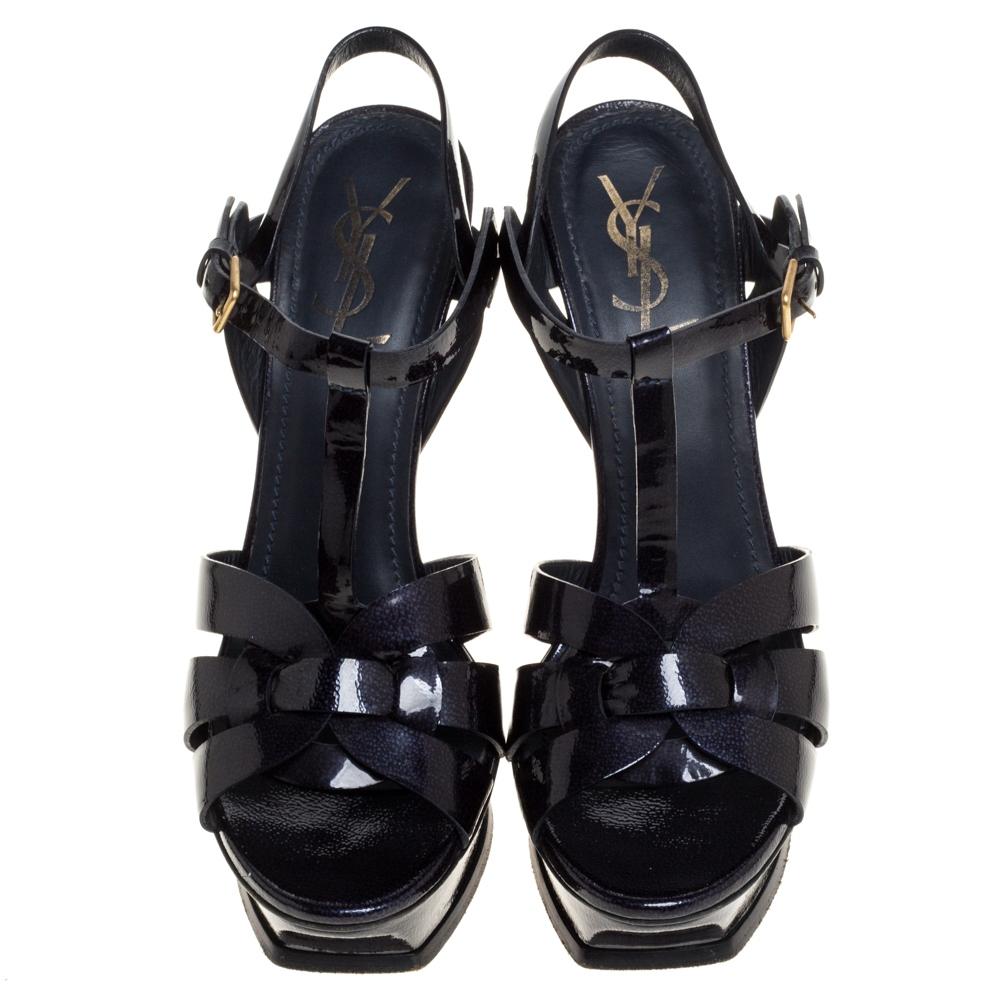 Black Yves Saint Laurent Navy Blue Textured Patent Leather Tribute Sandals Size 40