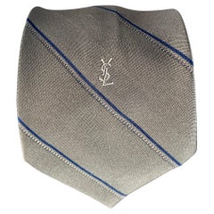 YVES SAINT LAURENT Navy Charcoal Grey Diagonal Stripe Silk Skinny Tie YVES SAINT LAURENT Navy Charcoal Grey Diagonal Stripe Silk Skinny Tie