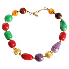 Yves Saint Laurent Halskette Choker mit Naturstein und Goldperlen Vintage 1990er Jahre