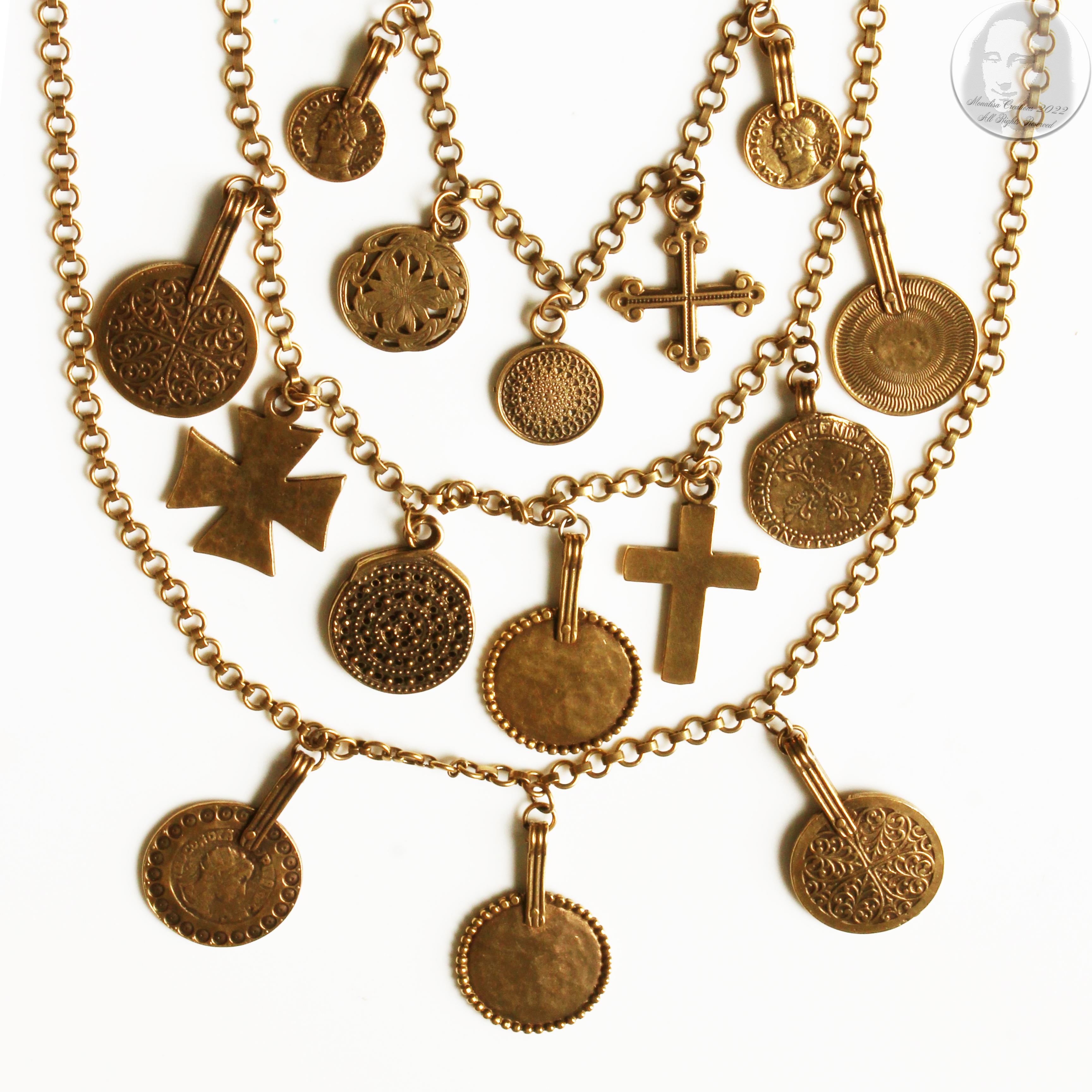 Contemporary Yves Saint Laurent Necklace Coins Crosses Medallions Charms Multistrand 70s Rare