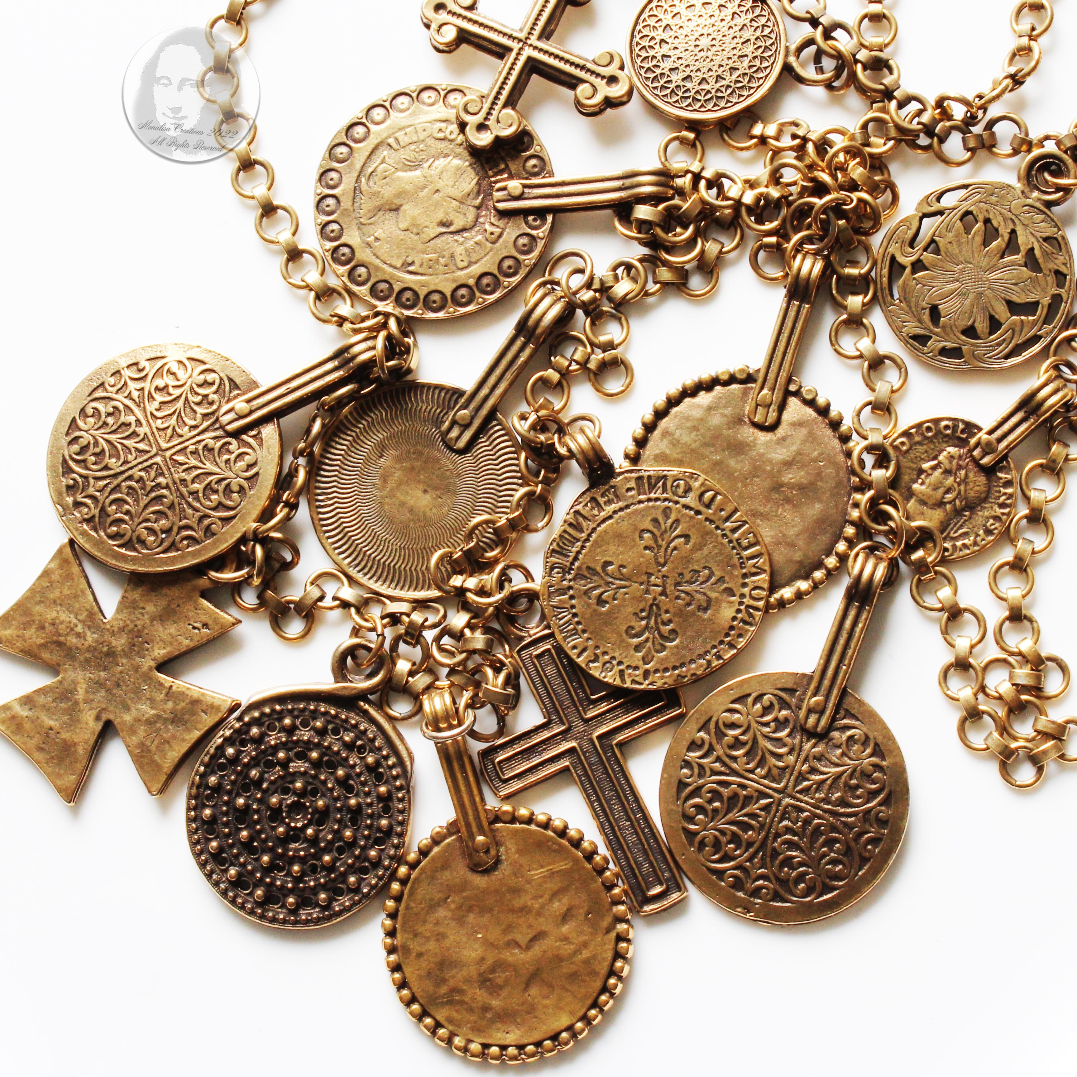 Yves Saint Laurent Necklace Coins Crosses Medallions Charms Multistrand 70s Rare 1