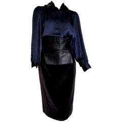 Yves SAINT LAURENT "New" Silk Shirt and Leather Velvet Skirt Ensemble - Unworn 