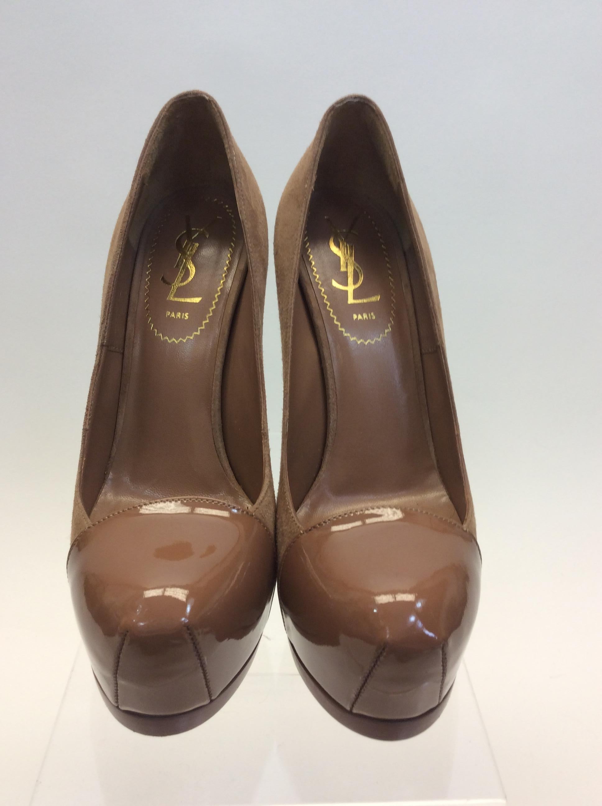 Yves Saint Laurent Nude Suede and Patent Leather Heels 
$399
Made in Italy
Leather and Suede
Size 36.5
1.5” platform
5.5” heel