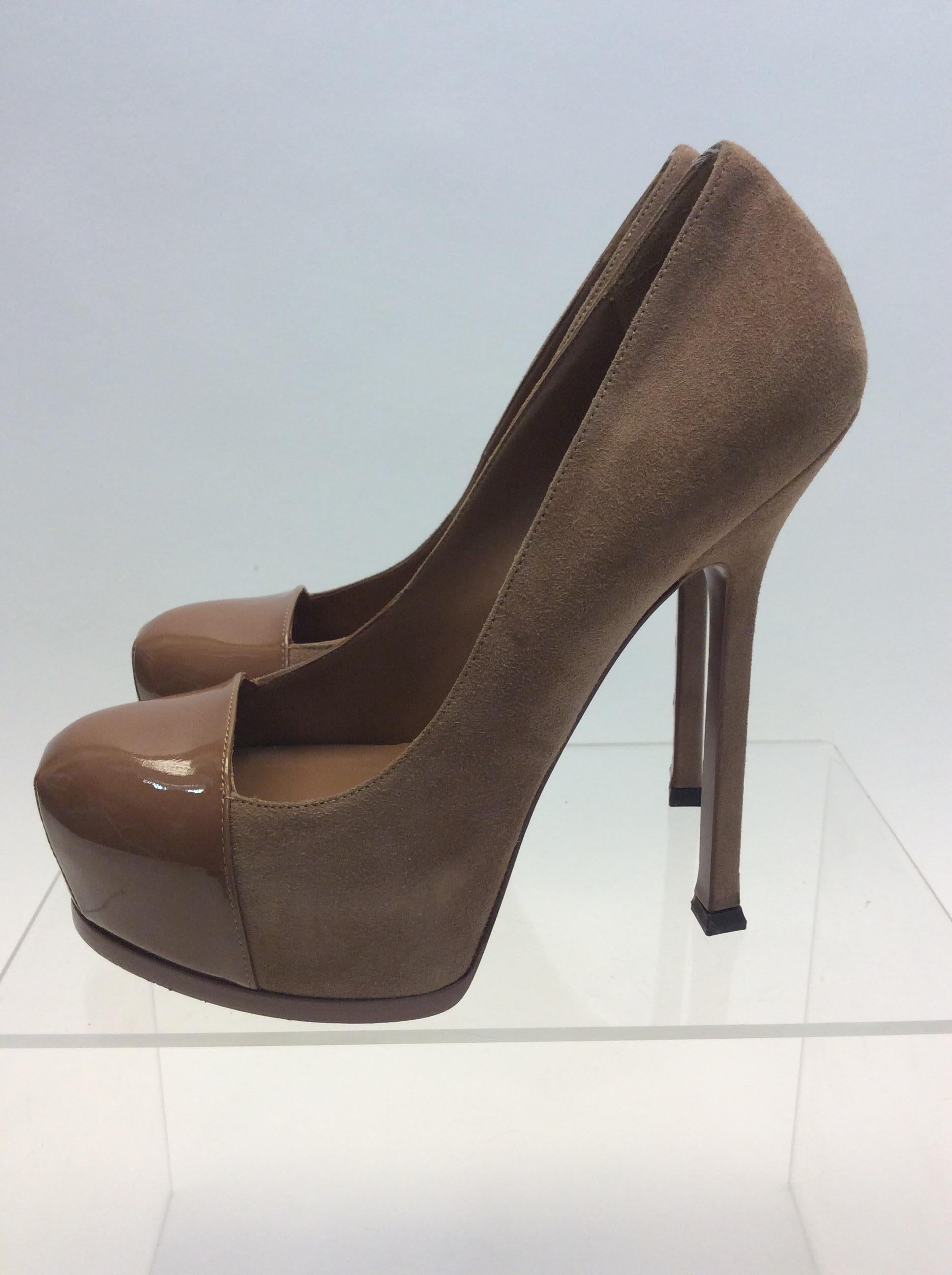 Black Yves Saint Laurent Nude Suede and Patent Leather Heels  For Sale
