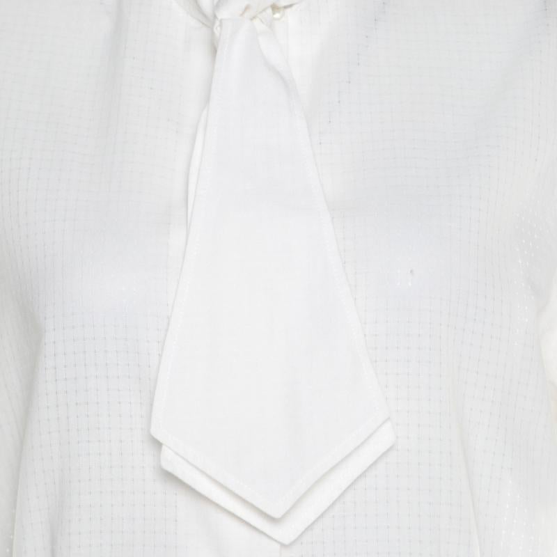 Yves Saint Laurent Off White Checkered Cotton Dobby Neck Tie Detail Shirt L In Good Condition In Dubai, Al Qouz 2