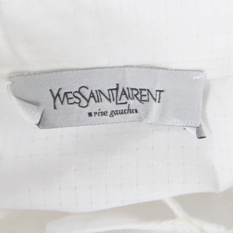 Women's Yves Saint Laurent Off White Checkered Cotton Dobby Neck Tie Detail Shirt L
