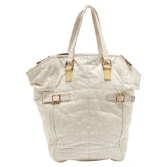 Yves Saint Laurent Off White Croc Embossed Patent Leather Large Downtown Tote