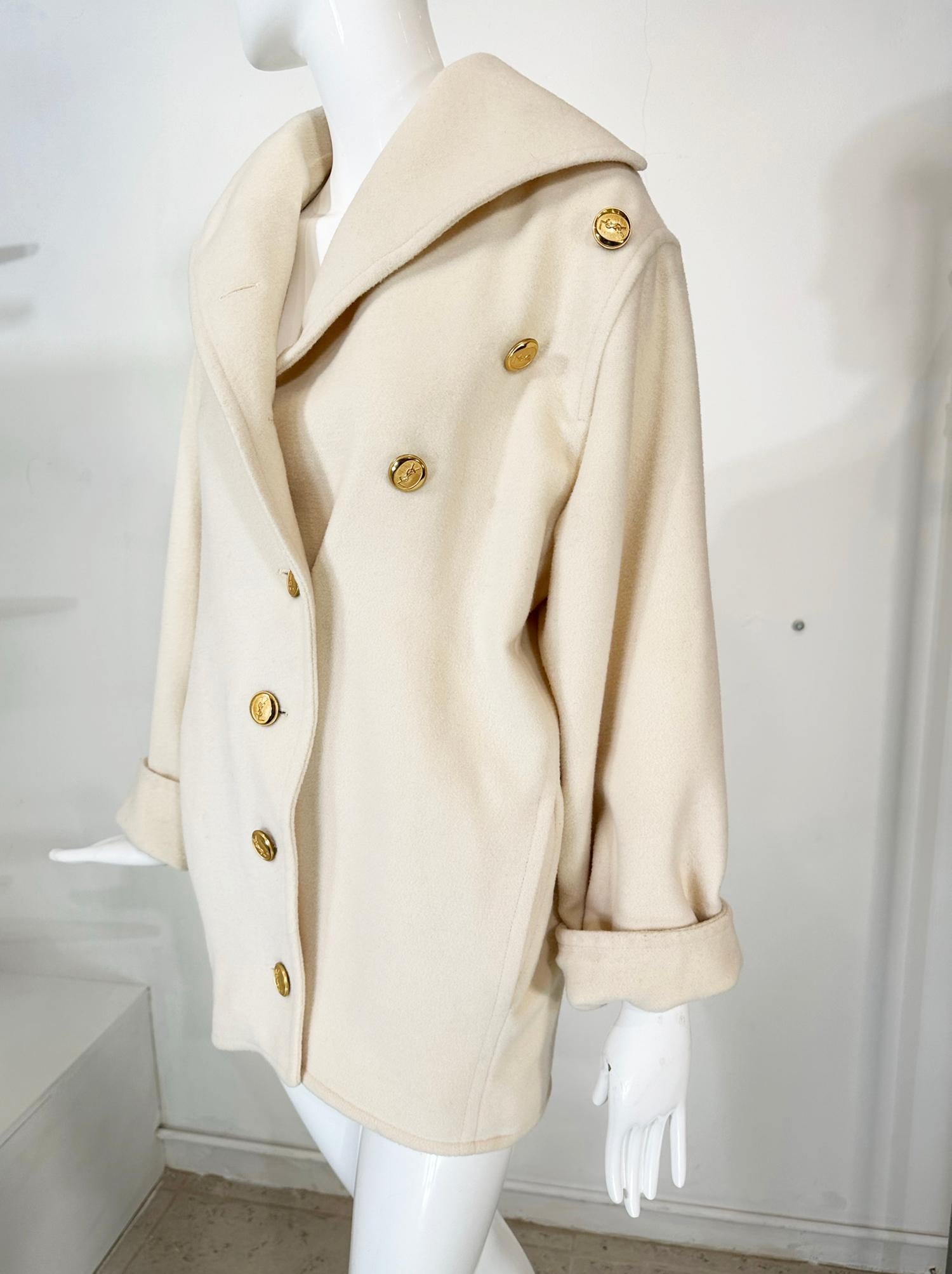 Yves Saint Laurent Off White Wool asymmetrical Button Hip Length Jacket 1980s 9