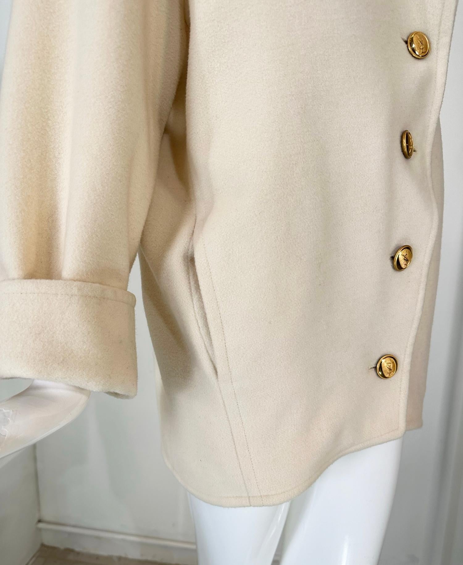 Yves Saint Laurent Off White Wool asymmetrical Button Hip Length Jacket 1980s In Good Condition In West Palm Beach, FL