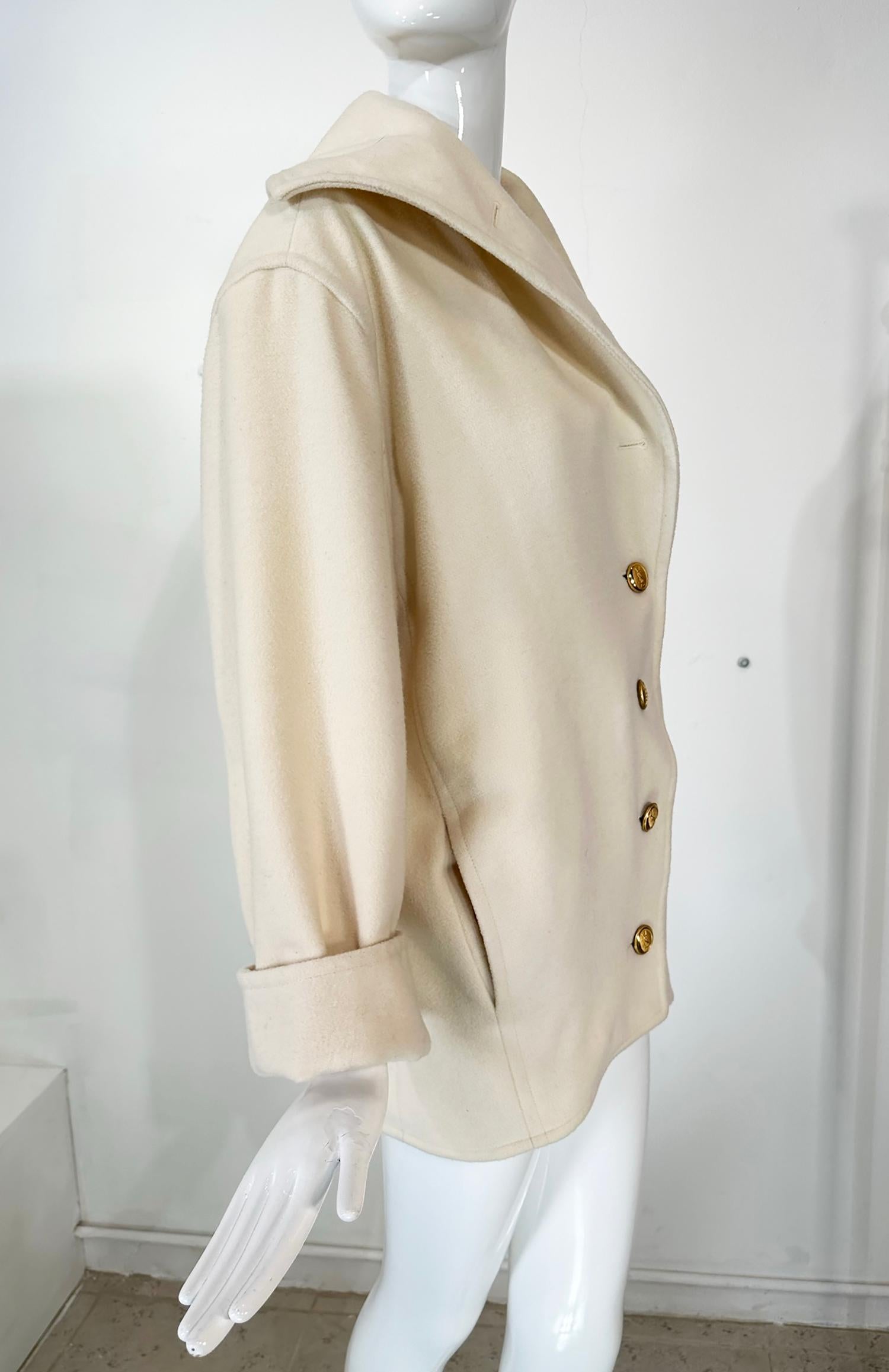 Women's Yves Saint Laurent Off White Wool asymmetrical Button Hip Length Jacket 1980s
