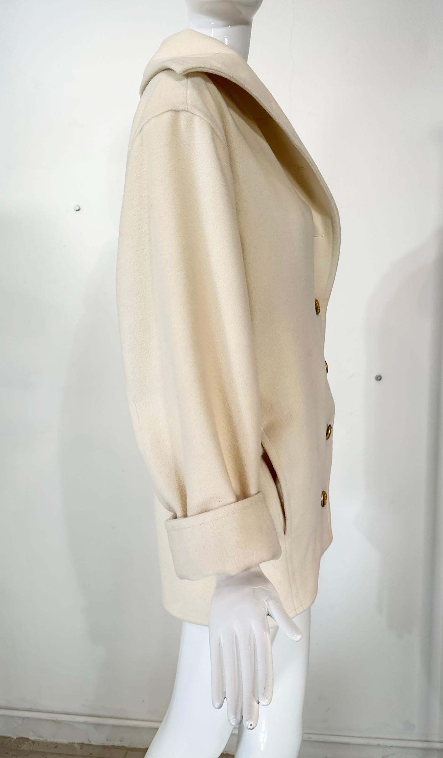 Yves Saint Laurent Off White Wool asymmetrical Button Hip Length Jacket 1980s 1