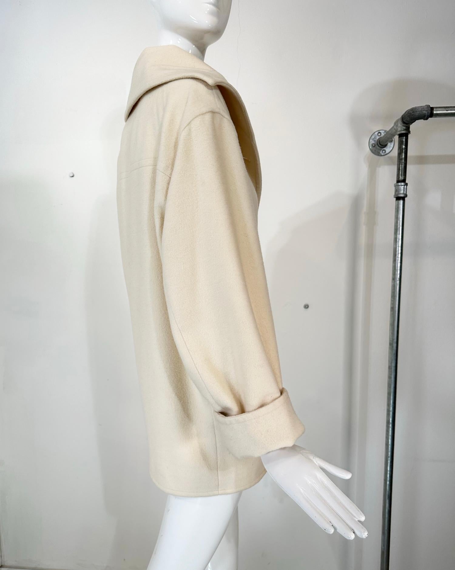 Yves Saint Laurent Off White Wool asymmetrical Button Hip Length Jacket 1980s 2