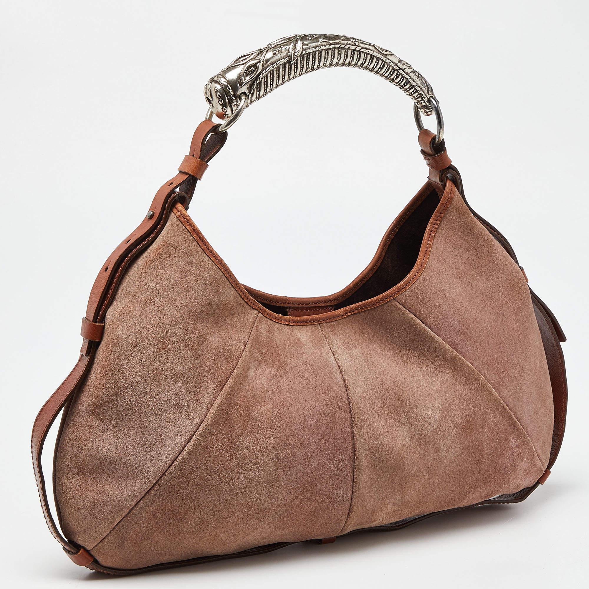 Women's Yves Saint Laurent Old Rose/Brown Suede and Leather Mombasa Horn Hobo For Sale