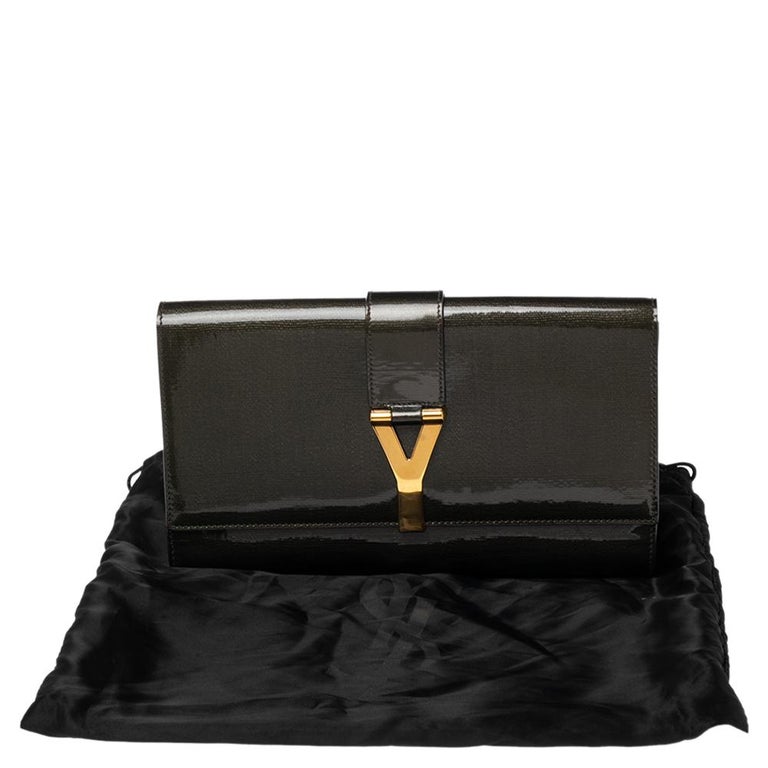 Yves Saint Laurent Olive Green Patent Leather Y-Ligne Clutch at 1stDibs