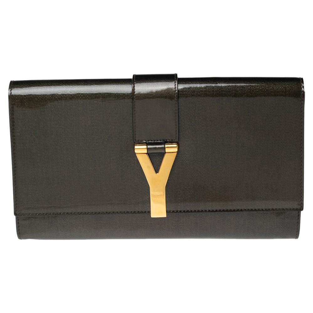 Yves Saint Laurent Olive Green Patent Leather Y-Ligne Clutch
