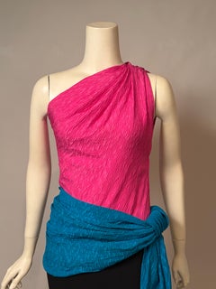 Yves Saint Laurent One Shoulder Pink Turquoise and Black Evening Dress