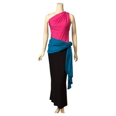 Yves Saint Laurent One Shoulder Pink Turquoise and Black Evening Dress